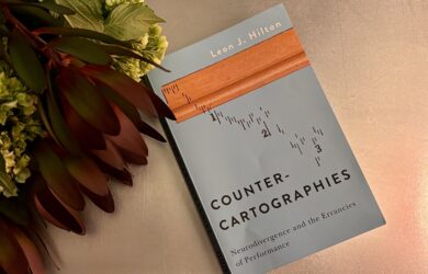 A bouquet of flowers and a blue book. The book cover shows a wooden ruler with crumbling numbers.