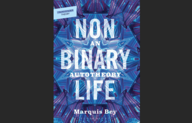Book cover for “Nonbinary Life: An Autotheory" by Marquis Bey, featuring bold white text over an abstract blue and purple geometric background. A label of the series title reads "Transgender Theory.”